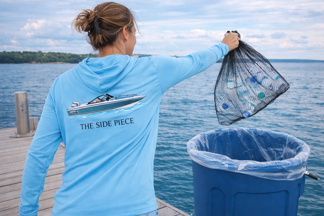 Person in a blue hoodie with 'The Side Piece' logo, holding a fishing net over a trash bin by a body of water.