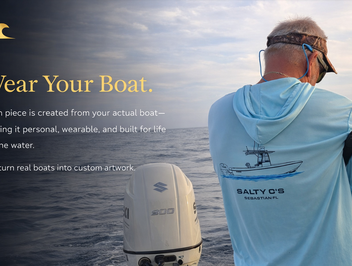 Man on a boat wearing a shirt with a boat design, with text about customizable boat-themed clothing.